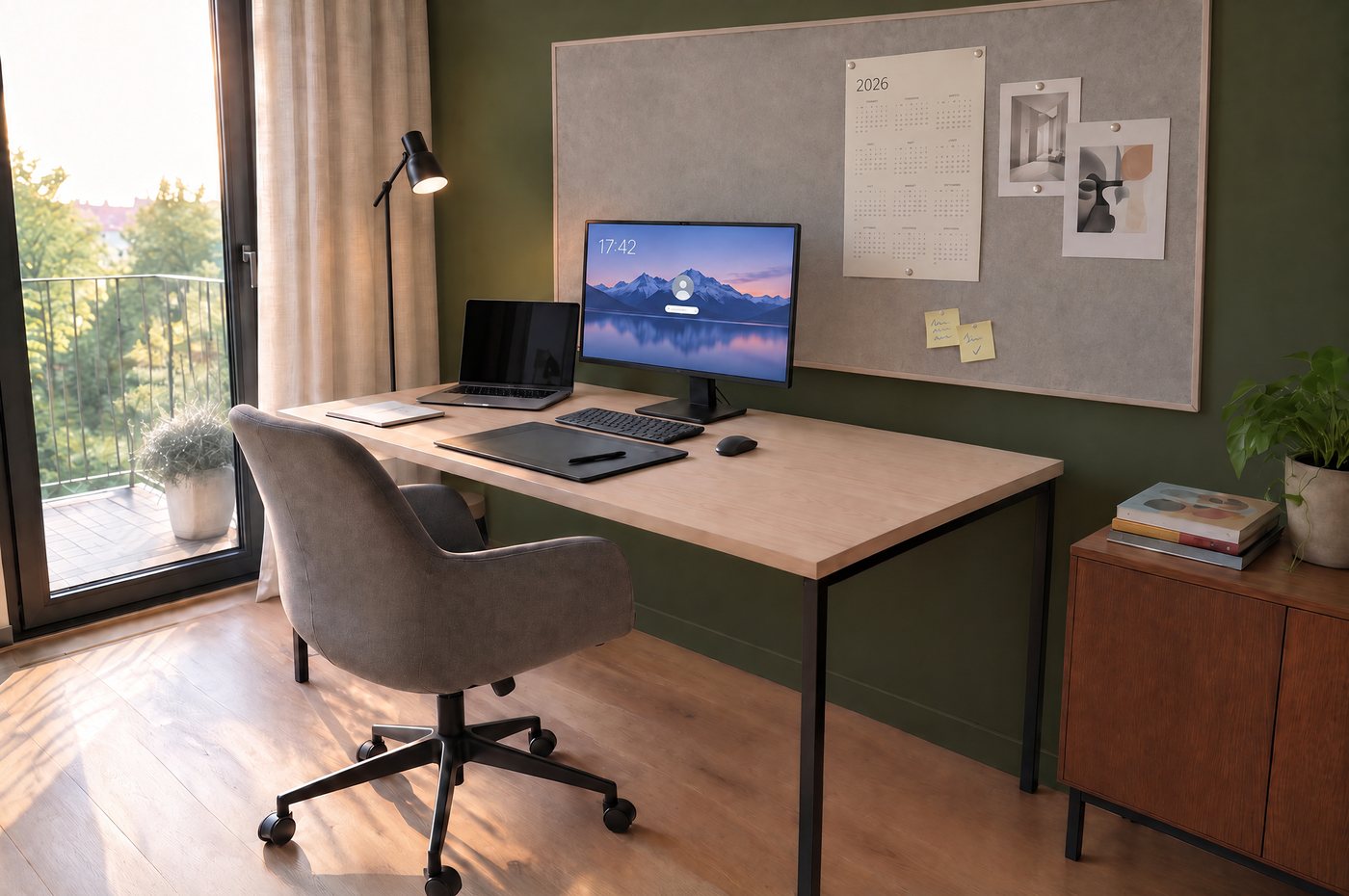 Eine helle Arbeitsecke mit dunkelgrüner Wand, Pinnwand mit Kalender und Notizzetteln, großem Monitor und Balkontür