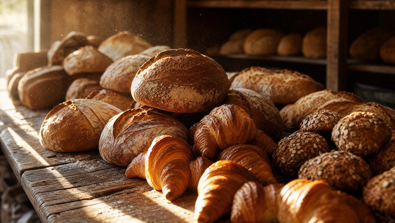 Frisch gebackene Brote und Croissants auf einem Holztisch