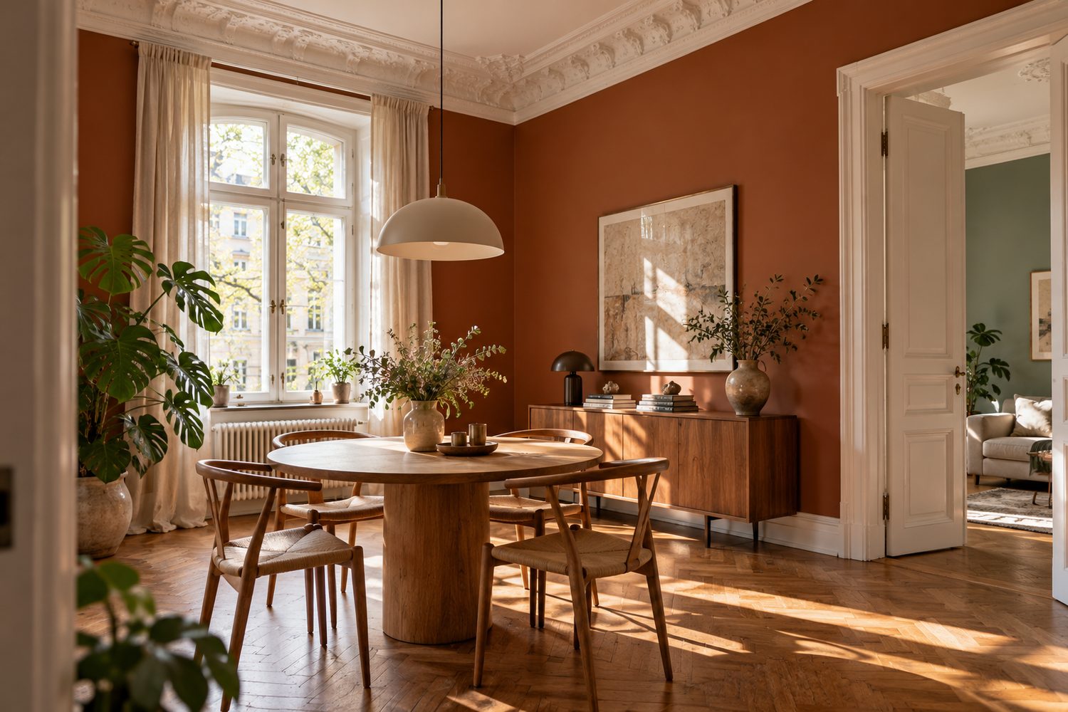 Esszimmer mit Terrakottawänden