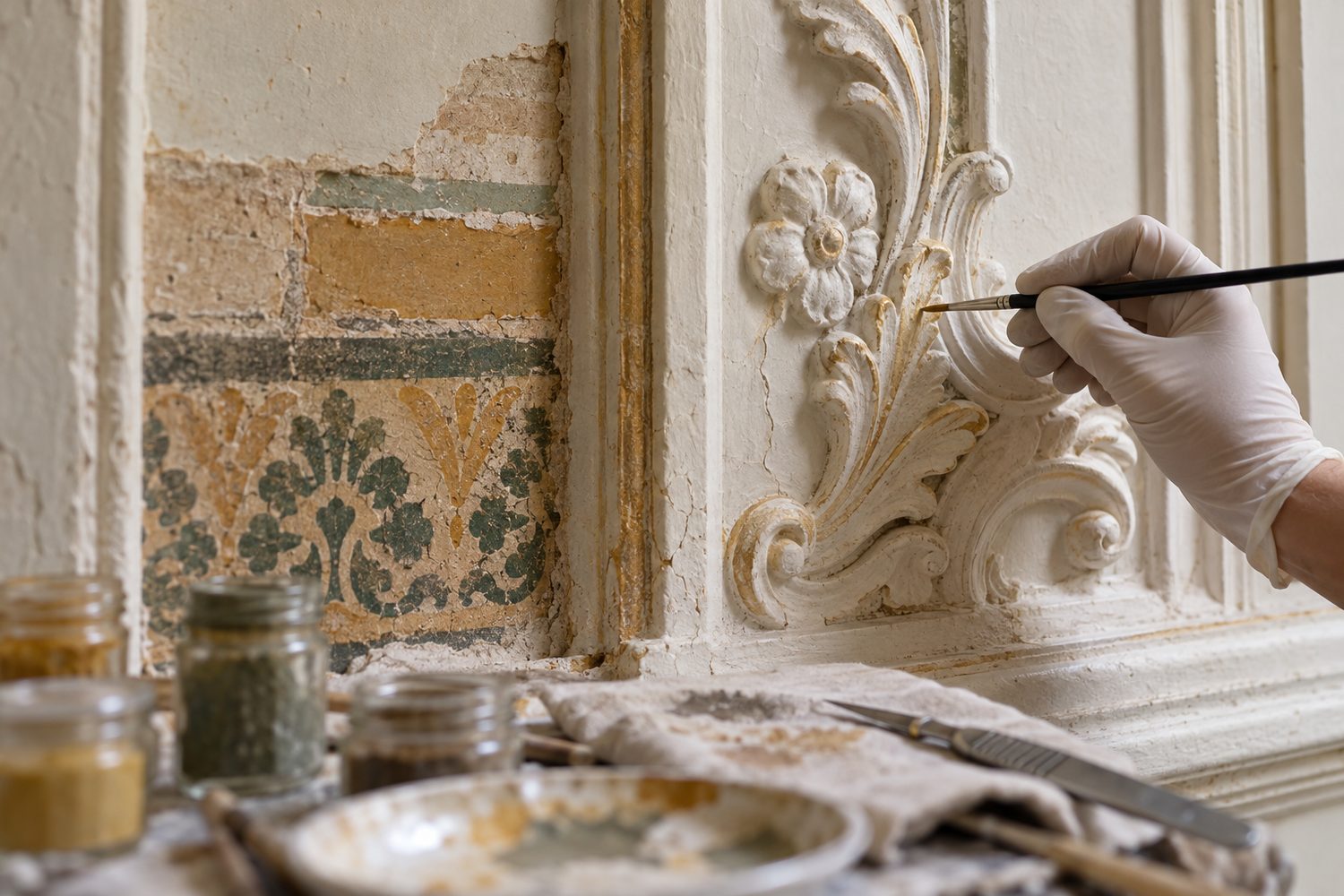 Restaurator arbeitet an einem Stuckornament