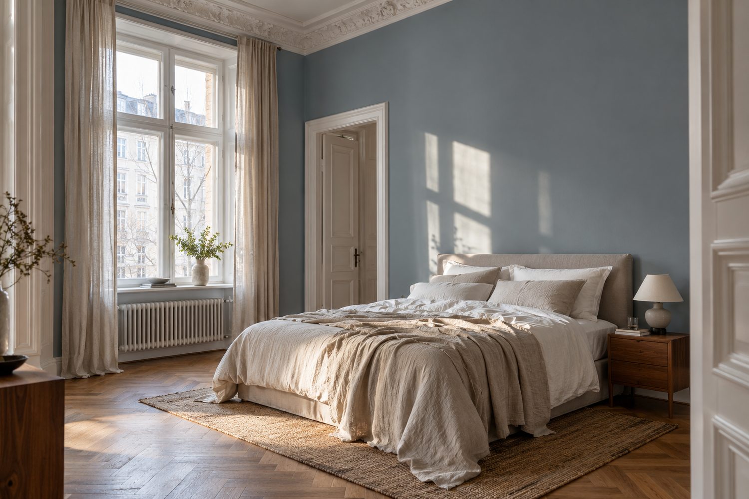 Schlafzimmer mit blaugrauen Wänden