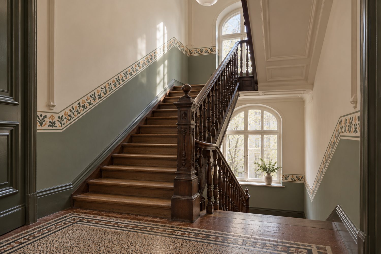 Renoviertes Treppenhaus mit Schablonenbordüre